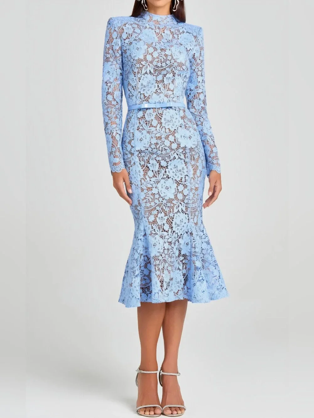 NADINE MERABI Juliette Long Sleeve LaceCocktail Dress In Pastel Blue Size 4/S